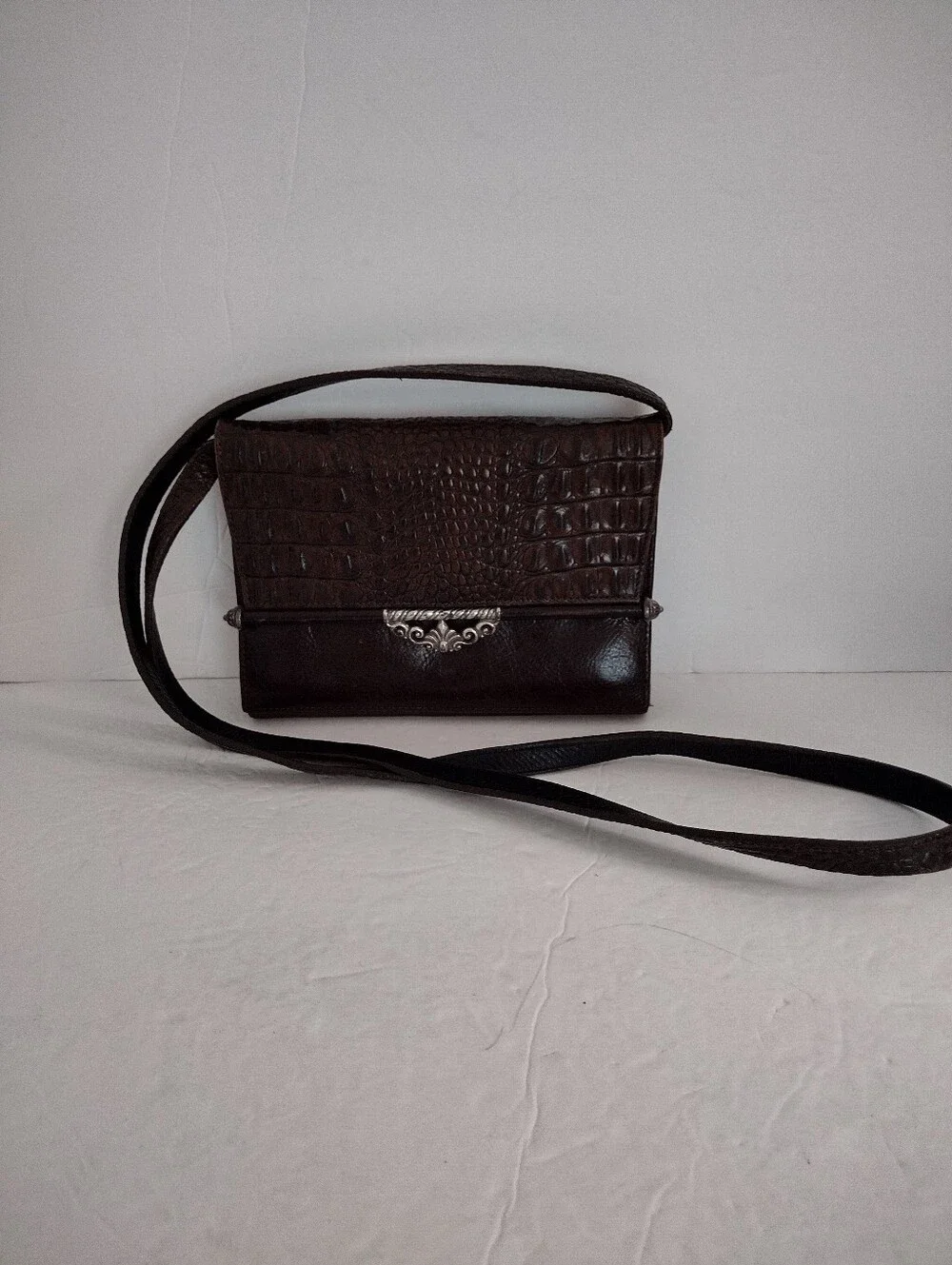 Vintage Brighton Brown Leather Croc Crossbody Bag Western Rodeo Indie Boho